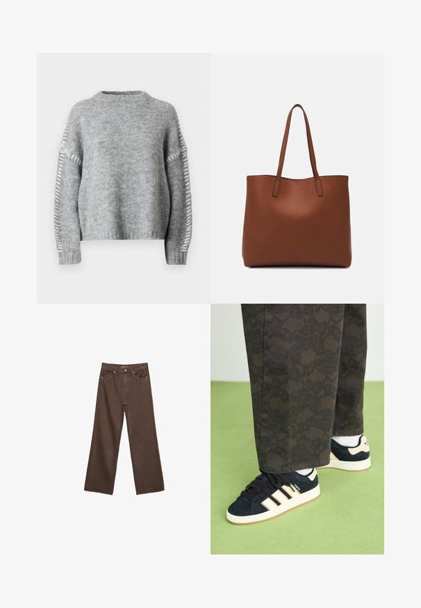 JDY JDYZOEY LIFE ON STITCH NOOS - Vesta - light grey melange; Proširene smeđe traperice od denima, s visokim strukom, prednjim džepovima i klasičnom kopčom na dugme. Glatka tekstura s suptilnim šavovima.; Crne i uzorčane hlače u kombinaciji s mornarsko plavim suknjem od antilopa koji imaju kremaste pruge i bijele potplate. Prikazane površine su teksturirane i ravne.; Smeđa kožna torba preko ramena s glatkom teksturom, otvorenim vrhom i dvjema naramenicama. Ima minimalne šavove i nema vidljivog hardvera.