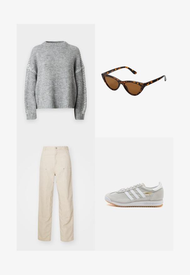 JDY JDYZOEY LIFE ON STITCH NOOS - Pulóver - light grey melange; Bézs vászon nadrág laza szabással, oldalsó zsebekkel és díszvarrás részletekkel, varrás nélküli derékkal és egyenes lábakkal.; Világosszürke sportcipő velúr és hálós anyagból, három fehér csíkkal, kerek orral és gumi talppal. Arany logó dísz a fűzők közelében.; Cica szemüveg fekete és narancssárga teknőc pánttal, barna lencsékkel és sima, hegyes végekkel. A templomán egy minimalista logó található.