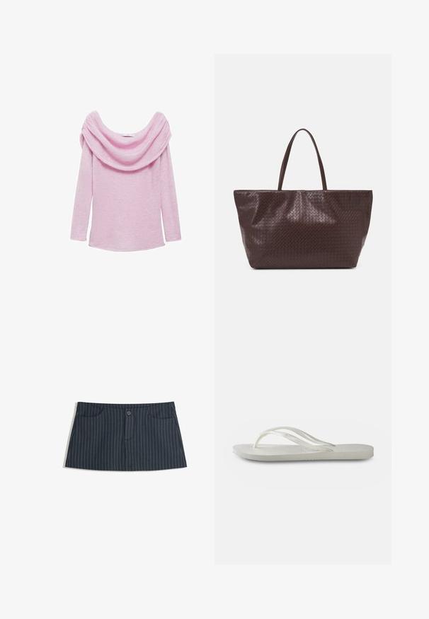 Majica z dolgimi rokavi iz mehkega rožnatega blaga z drapiranim ovratnikom in sproščenim krojem. Ima strukturirano površino in zaobljen rob.; Mornarsko modra mini krila s prugicami, z sprednjimi žepi in enim gumbom za zapiranje na pasu.; Bela natikača s teksturirano podplatom, koja ima tanke trakice i ravni dizajn. Napravljena od gume s suptilnim logotipom na ulošku.; Brahna tkanina iz usnja v rjavi barvi s tema dvema ročajema, strukturo obliko in teksturirano površino, ki vsebuje diamante vzorec po celotni površini.