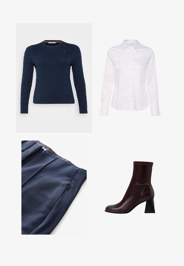 Tommy Hilfiger Curve CABLE - Stickad tröja - dark night navy; Vit långärmad skjorta med en klassisk krage, knappstängning fram och rak fåll. Tillverkad av ett slätt tyg med en enkel design.; Marinblå byxor med en texturerad tyg, som har en sidoficka med dragkedja och plisserade detaljer vid midjan.; Stradivarius BLOCK - Stövletter - dark red