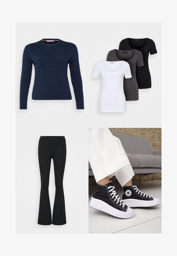 Tommy Hilfiger Curve CABLE - Jumper - dark night navy; Three fitted T-shirts in white, gray, and black. Each features a wide scoop neckline and short sleeves. Made from smooth, stretchy fabric.; Black flared pants made of stretchy fabric, featuring a high waistband and a smooth texture. The pants flare out from the knee.; Black high-top sneakers with white rubber soles and laces. Features a round logo patch and contrasting white stitching. Canvas material.