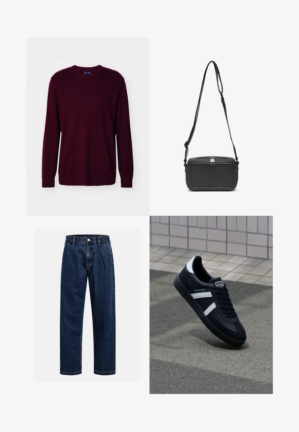 GAP CASHSOFT CREW - Pulover - noir red; Temno modri kavbojki iz denima s pravim krojem. Imajo vidno šivanje, zapenjanje na gumb in sprednje plitke za dodaten detajl.; Črne usnjene superge z belimi črtami, teksturiran gumijast podplat in zavezovanje spredaj. Imajo označeno oznako na ježku.; Črna usnjena torbica čez ramo z zadrgo, embosirano logotipom spredaj in nastavljivim pasom. Gladka površina z pravokotno obliko.