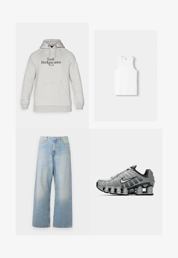 Felpa grigia con cappuccio regolabile, maniche raglan, tasca frontale e scritta "Real Performance" stampata in nero. Tessuto morbido.; Canotta bianca in cotone con scollatura rotonda, spalline larghe e orlo dritto, caratterizzata da una superficie liscia e senza motivi visibili.; Jeans a gamba larga di un blu chiaro realizzati in denim, con vita alta, tasche frontali e una finitura sbiadita con leggere sfumature all'altezza delle cosce.; Scarpa da corsa Nike grigia e nera con ammortizzazione visibile a molla sotto la suola e logo swoosh bianco di lato.