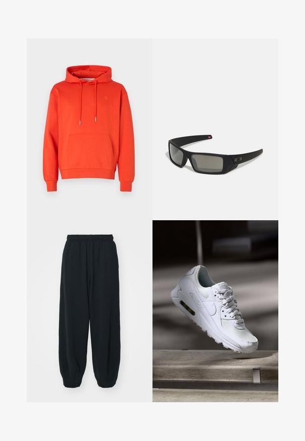 Oranžová mikina s kapucňou vyrobená z bavlneného zmesi, má predné vrecko, kapucňu so šnúrkou, ribbované manžety a malé logo na hrudi.; Čierne tepláky s elastickým pásom, vo voľnom strihu, s manžetami na členkoch, hladkej textúry a bez viditeľných vzorov alebo kovových doplnkov.; Biele tenisky Nike Air Max 90 s vrchnou časťou z kože a sieťoviny, perforovanou špičkou a viditeľnou vzduchovou jednotkou v päte.; Čierne slnečné okuliare s matným povrchom, obdĺžnikové šošovky, mierna krivka na straničkách, nenápadný detail loga a šošovky so zafírovaným tónovaním.