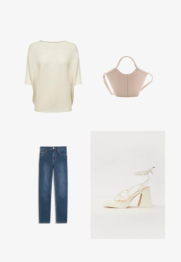 Cremefarvet strikbluse med en bred bådudskæring, korte ærmer og ribbet tekstur. Løs pasform med en afrundet kant.; Mørkeblå denim jeans med lige pasform, fem lommer, diskrete syninger og en metalknap ved taljen.; Hvide højhælede sandaler med en kraftig hæl, der har et stropdesign og ankelbinding. Glat tekstur med en platform foran for ekstra højde.; Lysebrun læderhåndtaske med en unik form, featuring to korte håndtag og et langt justerbart rem. Glat tekstur med minimal hardware.