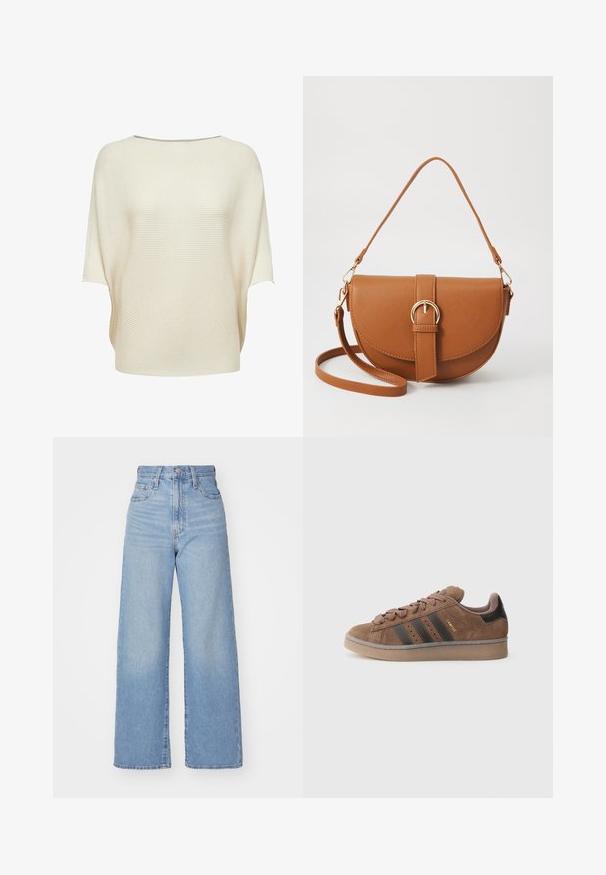 Crème-kleurige brei-top met een brede boot halslijn, korte mouwen en een geribde textuur. Losse pasvorm met een schuine zoom.; Lichtblauwe high-waist wijde jeans met een knoop- en ritssluiting aan de voorkant, voor- en achterzakken, op een witte achtergrond.; Bruine suède sneaker met drie donkere strepen, een gestructureerde vetersluiting aan de voorkant en een contrasterende zwarte hiel. Voorzien van een rubberen zool en gouden merkdetails.; Bruine leren schoudertas met een gebogen vorm, gouden hardware en een gespaccent. Bevat een afneembare schouderriem.