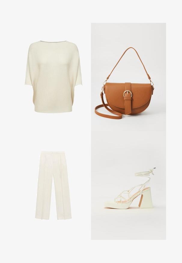 Top tricot couleur crème avec un large col bateau, des manches courtes et une texture côtelée. Coupe fluide avec un ourlet incurvé.; Pantalons larges de couleur crème clair. Fabriqués dans un tissu lisse avec des plis à l'avant et des poches latérales.; Sandale blanche à talons hauts avec un talon épais, présentant un design à lanières et un lien autour de la cheville. Texture lisse avec une plateforme à l'avant pour une hauteur supplémentaire.; Sac bandoulière en cuir marron avec une forme incurvée, quincaillerie dorée et un accent en boucle. Comprend une bandoulière détachable.