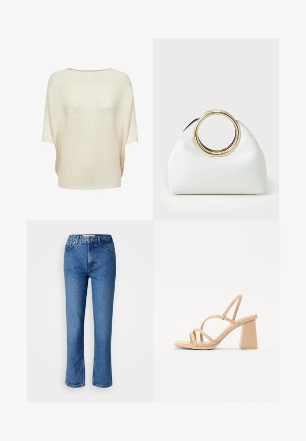 Cream-colored knit top with a wide boat neckline, short sleeves, and a ribbed texture. Loose fit with a curved hem.; Blue denim jeans with a straight-leg cut, featuring a classic five-pocket design, orange stitching, and a button fly closure.; Nude high-heeled sandal with a square block heel, thin straps, and a smooth, glossy finish. Simple design with a strappy upper.; White faux leather handbag with a rounded gold metal handle; soft, structured design with a minimalist aesthetic.