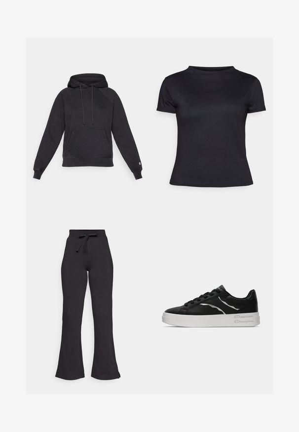 Fekete kapucnis pulóver kenguru zsebbel, puha anyagból készült. Részben raglán ujjú, a mellkasán és a mandzsettáján kis logó található.; Fekete, rövid ujjú póló pamutkeverék anyagból, kerek nyakkivágással és sima textúrával, látható logók vagy minták nélkül.; Fekete harang szabású melegítőnadrág, puha anyagból készült, kötőszalaggal ellátott derékkal és sima felülettel. A kényelem és a viselet egyszerűségének jegyében készült.; Fekete bőr sportcipő fehér talppal, vékony ezüst akcentusokkal és fűzős kialakítással. Sima textúra, márkázott részletekkel a sarkán.
