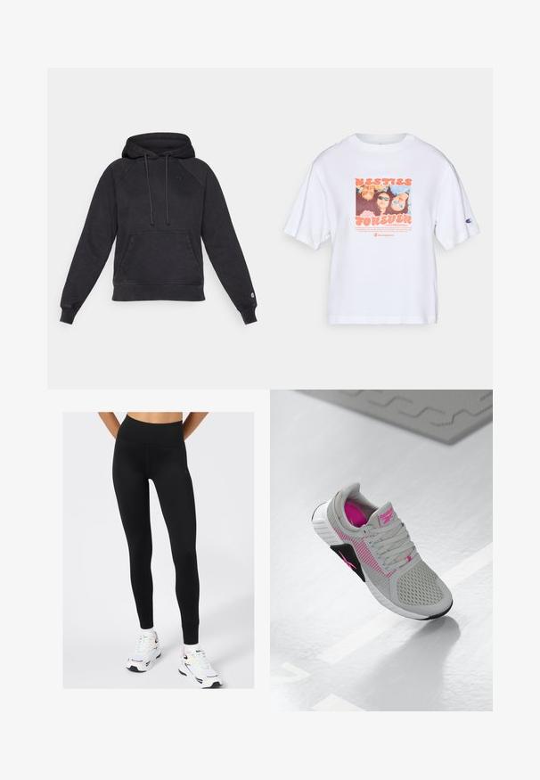 Zwarte hoodie met een kangoeroezak, gemaakt van zachte stof. Voorzien van raglanmouwen en een klein logo op de borst en de manchetten.; Witte T-shirt met korte mouwen, voorzien van een kleurrijke fotografiek met de tekst "BESTIES FOREVER" en een Champion-logo op de mouw.; Zwarte hoge taille legging van rekbaar materiaal, met een gladde textuur en subtiele logo-details, gecombineerd met witte sportschoenen.; Grijze en roze Reebok sport sneakers met een bovenkant van mesh en gedetailleerde zolen, uitgestald op een reflecterend wit oppervlak.