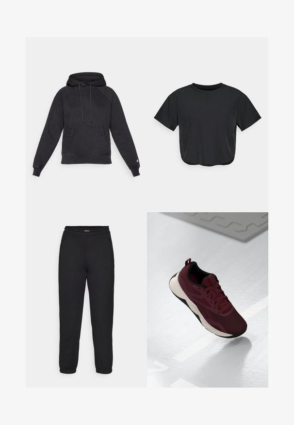 Črna kapuca s kenguru žepom, izdelana iz mehkega materiala. Ima raglan rokave in majhen logotip na prsih in manšeti.; Črna skrajšana majica z mehkega materiala, s krožnim izrezom, kratkimi rokavi in udobnim krojem. Diskretni šivni detajli.; Champion C-TECH CUFFED PANTS INTERLOCK - Spodnji deli trenirk - black; Barevni športni čevlji v maroon barvi z mrežastim zgornjim delom, črnimi detajli in oblazinjenim belim podplatom. Imajo vezalni sistem in zanko na peti.