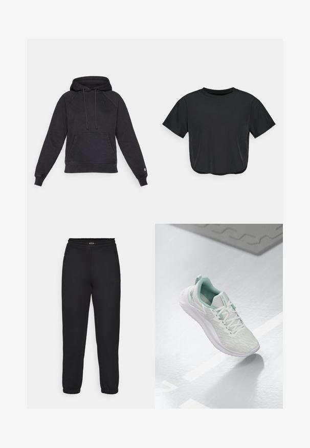 Czarna bluza z kapturem i kieszenią kangurką, wykonana z miękkiego materiału. Posiada rękawy raglanowe oraz małe logo na klatce piersiowej i mankietach.; Czarny krótki t-shirt wykonany z miękkiego materiału, z okrągłym dekoltem, krótkimi rękawami i luźnym krojem. Subtelne detale w stichingu.; Champion C-TECH czarny; Jasnoszare buty sportowe z teksturowaną dzianiną, miętowymi akcentami, białymi sznurowadłami, gumową podeszwą i uchwytem na pięcie.