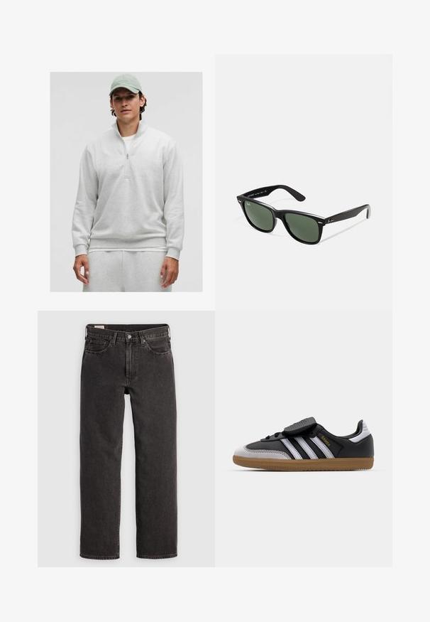 Hellgrauer Reißverschluss-Pullover mit langen Ärmeln, weichem Material und gerippten Bündchen. Wird über einem weißen Shirt getragen und mit passenden Hosen kombiniert.; Schwarzes Baumwoll-T-Shirt mit kurzen Ärmeln und Rundhalsausschnitt. Mit weißen Aufdrucken "ALLSAINTS" und "LONDON" auf der linken Brustseite.; Schwarze Jeans aus Denim mit geradem Bein, fünf Taschen und metallischen Beschlägen. Der Stoff hat eine leichte Textur und eine einfarbige Oberfläche.; Schwarze Leder- und graue Wildleder-Sneaker mit weißen Streifen, Gummisohle, Schnürung vorne und Klettverschluss. Mit "Samba"-Markenlogo in Gold.; Schwarze Plastiksonnenbrille mit grünen Gläsern, quadratischen Rahmen, silbernem Akzent auf der Augenbraue und strukturierten Bügeln. Angegebene Marke auf dem inneren Bügel.