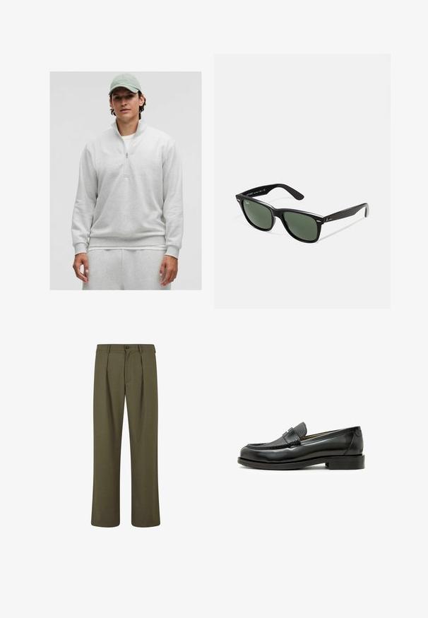 Hellgrauer Reißverschluss-Pullover mit langen Ärmeln, weichem Material und gerippten Bündchen. Wird über einem weißen Shirt getragen und mit passenden Hosen kombiniert.; Olivgrüne Hosen mit taillierter Passform, mit Falten an der Vorderseite, Knopfverschluss und geraden Beinen. Glatte Stofftextur.; Schwarzer Lederloafer mit strukturiertem schwarzen Lederakzent, abgerundeter Zehenform und niedrigem Blockabsatz; verfügt über ein dekoratives metallisches Detail.; Schwarze Plastiksonnenbrille mit grünen Gläsern, quadratischen Rahmen, silbernem Akzent auf der Augenbraue und strukturierten Bügeln. Angegebene Marke auf dem inneren Bügel.