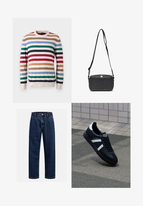 GAP CASHSOFT CREW - Trui - multicolored; Donkerblauwe denim jeans met een rechtlopende pasvorm. Beschikt over zichtbare stiksels, een knoopsluiting en voorste plooien voor extra detail.; Zwarte leren sneaker met witte strepen, een gestructureerde rubberen zool en vetersluiting aan de voorkant. Voorzien van een merklabel op de tong.; Zwarte leren schoudertas met een ritssluiting, reliëflogo aan de voorkant en een verstelbare schouderriem. Gladde textuur met een rechthoekige vorm.