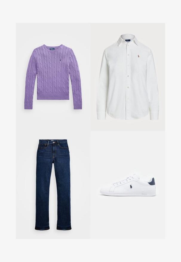 Polo Ralph Lauren CABLE KNIT COTTON CREWNECK SWEATER - Camisola - spring violet; Camisa branca de botão, feita de algodão, com colarinho clássico, mangas longas e um pequeno logótipo bordado no peito. Tecido texturizado.; Jeans de denim azul escuro com corte reto, apresentando cinco bolsos, costura em cobre e um fecho de botão clássico.; Tenis brancos de couro com um acabamento suave, detalhes em azul marinho e um pequeno logotipo na lateral. Possui atacadores planos e sola de borracha texturizada.
