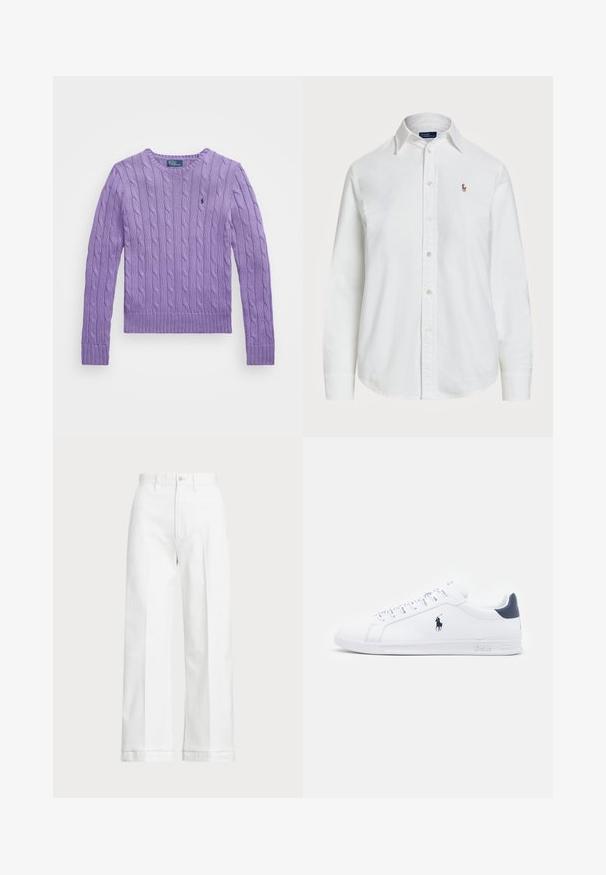 Polo Ralph Lauren CABLE KNIT COTTON CREWNECK SWEATER - Džemper - spring violet; Valge puuvillane nööbiga särk klassikalise kraega, pikkade varrukatega ja väikese tikandiga/logoga rinnal. Tekstureeritud kangas.; Valged laiad pükse kõrge vöökohaga, mis on varustatud nööpkinnipidamise ja peente õmblusdetailidega. Valmistatud puuvillast, millel on sile tekstuur.; Valged nahast spordijalanõud sileda pinnaga, tumesinised detailid ja väike logo külgedel. Omab lapikud paelu ja tekstureeritud kummitalda.