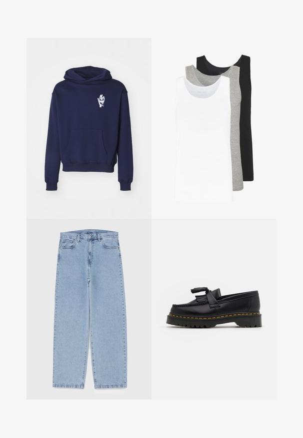 Jūras zila kapuce, izgatavota no kokvilnas maisījuma, ar priekšējo kabatu un baltu roku grafiku uz krūtīm. Mīksta tekstūra un brīva piegriezuma.; Trīs bezmaku blūzes baltā, pelēkā un melnā krāsā. Katrai no tām ir klasiska bezmaku dizaina forma, izgatavota no viegla kokvilnas auduma ar ribotu tekstūru.; Gai zila džinsu bikses ar taisnu kāju dizainu, kas piedāvā vidēju vidukļa augstumu, piecas kabatas un pogas un rāvējslēdzēja aizdari.; Melnas ādas mokasīni ar pērlītēm uzsvaru, ar masīvu melnu zoli un dzeltenu šuvumu gar malu. Ar teksturētu apdari.