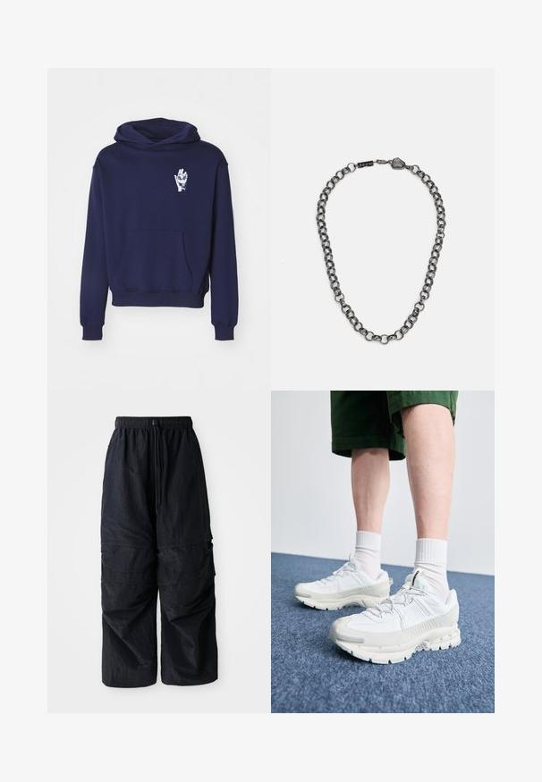 Sweatshirt azul-marinho feito de uma mistura de algodão, com bolso frontal e um gráfico de mão branco no peito. Textura suave e corte descontraído.; Três tops em algodão de alças brancas com nervuras. Apresentam um decote redondo e pequenas etiquetas pretas perto da bainha. Disponíveis em vários tamanhos.; Calças de cargo leves em nylon preto, com cintura elástica, cordão ajustável e múltiplos bolsos em camadas nas pernas.; Sapatos atléticos brancos com sobreposições texturizadas, sola espessa e detalhes em cinza. Usados com meias brancas até ao tornozelo e calções verdes sobre uma superfície azul.; Colar de corrente em metal com elos alongados na cor gunmetal escuro. Apresenta um detalhe geométrico e fecho com logótipo.