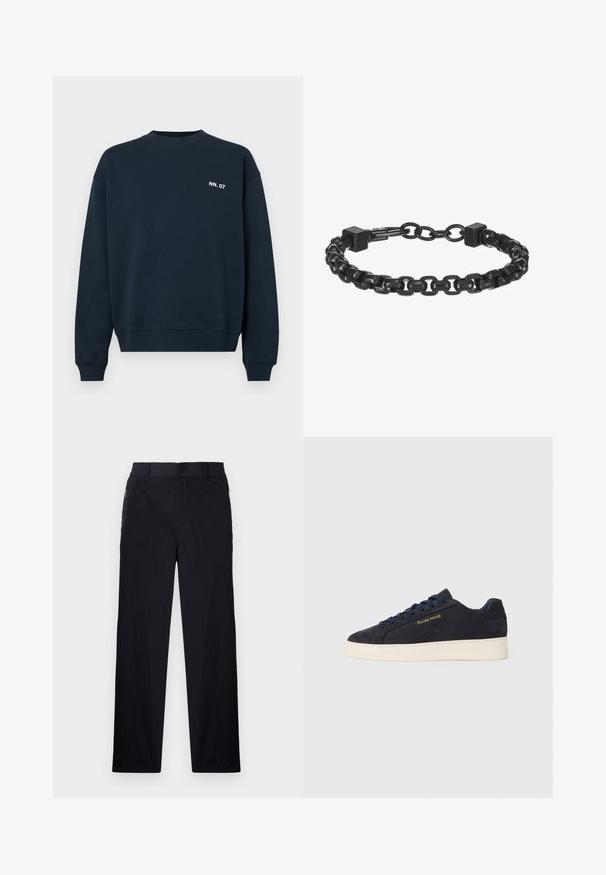 Marineblå crewneck genser med lange ermer og hvit "NN. 07" tekst på venstre bryst, enkel design med ribbede mansjetter og nederkant.; Sorte bukser med lett og teksturert stoff, rett ben-design, elastisk midjebånd og sidelommer med glidelås.; Marineblå ankelhøyde sneakers i semsket skinn med hvit såle, marineblå snøringer, og "Filling Pieces"-logo i gull på siden.; Svart metall kjedearmbånd med sammenkoblede lenker, firkantede detaljer og en jevn overflate. Justerbar design for optimal passform.