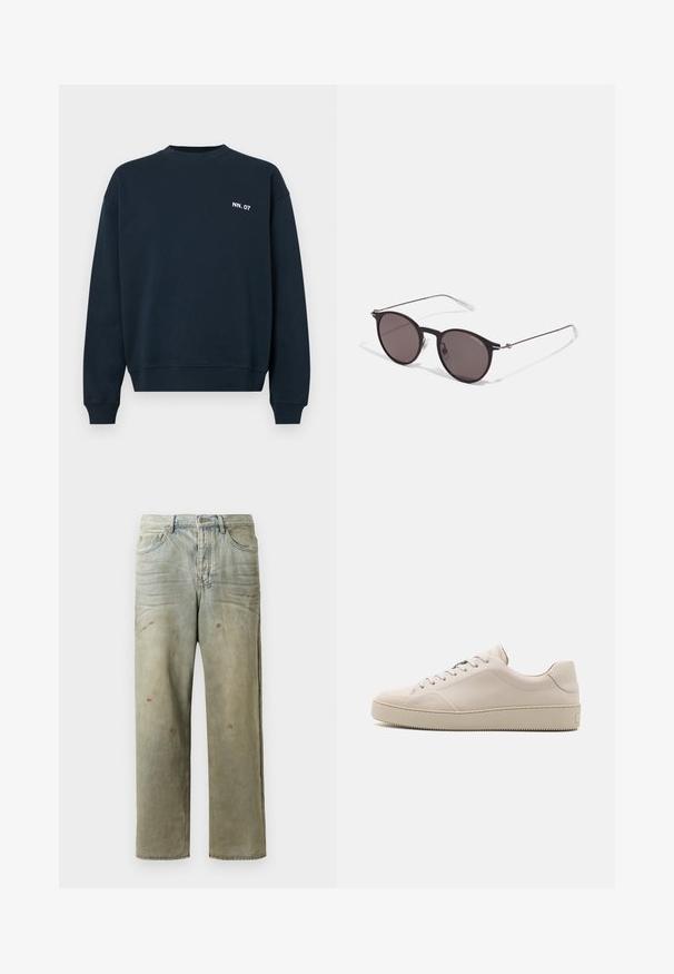 Tumesinine ümar kaelusega dressipluus pikkade varrukatega, vasakul rinnal valge "NN. 07" tekst, ühtlane disain ribitud varruka- ja alläärega.; Karmiinroheline kulunud denim teksapüksid, millel on sirge jalg, viie taskuga disain ning ebaühtlane pleekimine koos värvikrõpsudega.; Bež nahkkingad siledalt viimistletud, ümarate varvastega, tasase tallaga ja klassikalise paeltega disainiga. Diskreedne õmbluste detail ja tekstuuriga välistald.; Mustad mustad prillid tumedate läätsedega ja õhukeste metallist käepidemetega. Kaarja kujuga seljaosa ja hõbedased aktsendid hingel. Minimalistlik disain.