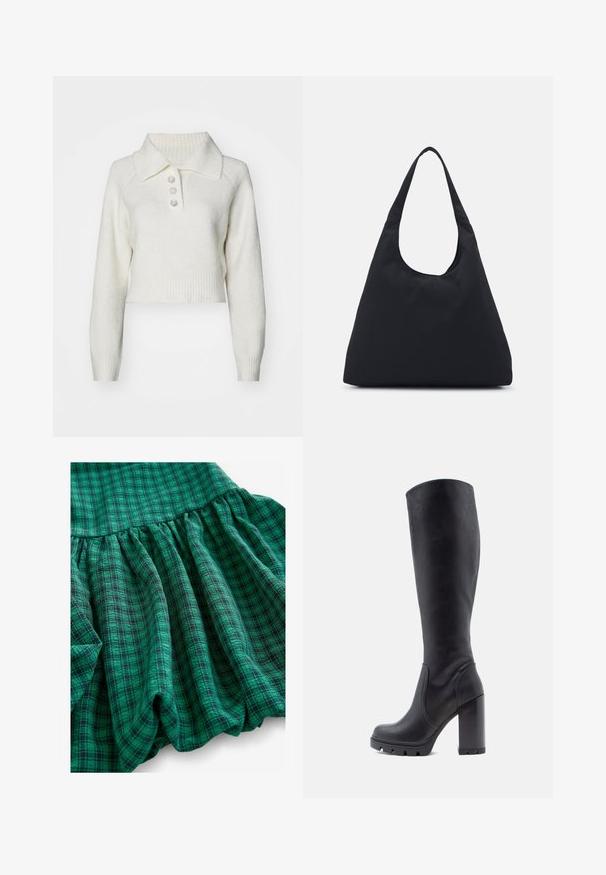 Even&Odd Maglione - off-white; New Look Camicetta - black; Il tessuto a quadri verdi presenta diverse tonalità, una texture arricciata e un orlo con volant. Il materiale appare traspirante e leggero.; Stivale nero fino al ginocchio, materiale in pelle liscia, tacco spesso, punta tonda, suola testurizzata con grip, design elegante senza adornamenti.; Borsa di tessuto nera con un'unica tracolla larga. Forma morbida e semi-strutturata, con una texture liscia; design minimale, senza hardware visibile.