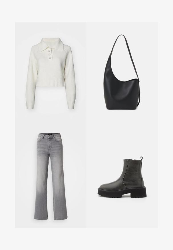 Even&Odd Jersey de punto - off-white; Vaqueros de mezclilla gris de pernera recta y cintura alta, con botón y cremallera frontales, bolsillos delanteros y traseros, y efectos de desvanecimiento en los muslos y las pantorrillas.; Botas negras hasta el tobillo con un upper sintético suave, paneles laterales elásticos, una lengüeta y una suela de goma gruesa.; Bolso tipo hobo de cuero negro con una textura suave, forma curvada y una sola correa ajustable; presenta una amplia apertura en la parte superior.