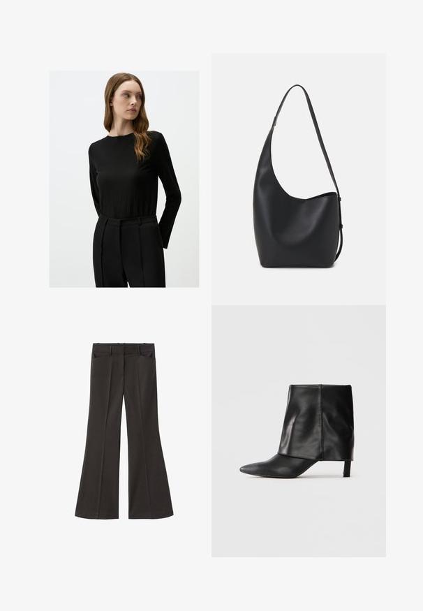 Czarny longsleeve z prążkowanym wzorem i wysokim dekoltem, zestawiony z dopasowanymi czarnymi spodniami. Prosty, minimalistyczny design.; Czarne spodnie z szerokimi nogawkami i wysokim stanem; posiadają dwie przednie kieszenie oraz gładką teksturę materiału. Idealne na różne okazje.; Czarne skórzane kozaki do połowy łydki z wydłużonym noskiem, złożonym górnym wałkiem i smukłym niskim obcasem, stojące na białym tle.; Czarna skórzana torba hobo o gładkiej fakturze, zaokrąglonym kształcie i pojedynczym, regulowanym pasku; posiada szerokie otwarcie na górze.