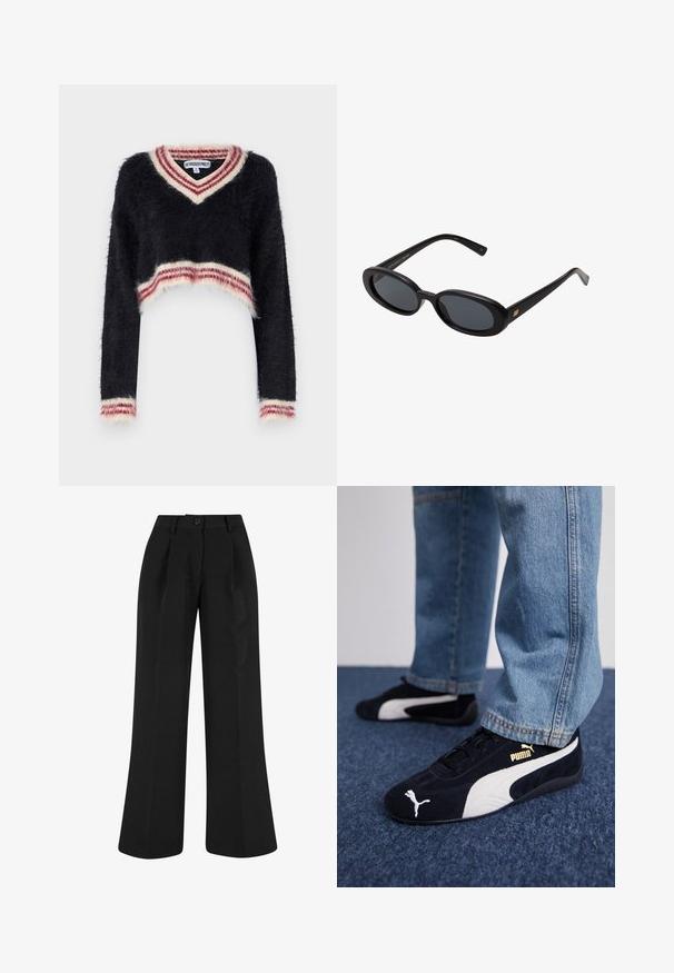 The Ragged Priest SNITCH - Pulover - black; Črne široke hlače s pliči, izdelane iz gladkega blaga. Imajo gumbasto zapiranje in kroj, prilagojen telesu.; Črne nobučne superge z belimi detajli, ki imajo zlati logotip. Ujemajo se z svetlo modrimi kavbojkami in so postavljene na teksturirano modro površino.; Črne oversize sončne očala z ovalnimi lečami, gladkim plastičnim okvirjem in zlatenimi detajli na templjih. Temne leče zagotavljajo zaščito pred soncem.