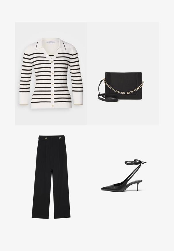 Striped cardigan in white and black. Features a ribbed texture, button closure, V-neck, and short sleeves with subtle gold accents on cuffs.; Black wide-leg trousers with high waist, button details on waistband, and front pleats.; Black leather stiletto shoe with a pointed toe, open back, and ankle straps tied in a bow. Slim 3-inch heel. Smooth texture, minimalist design.; Black leather crossbody bag featuring a smooth texture, rectangular shape, and a metallic chain detail on the front. Adjustable strap included.