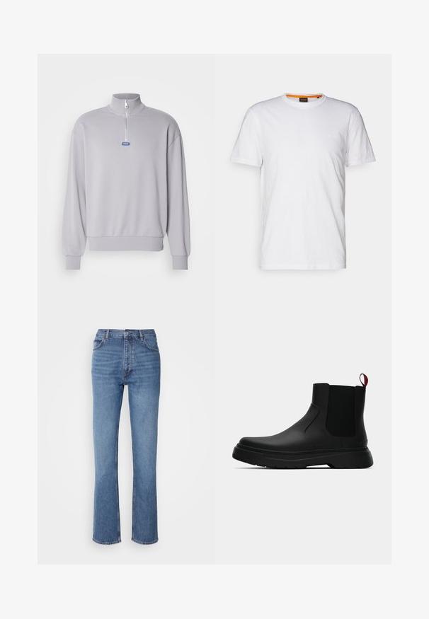 Svetlá šedá mikina s polovičným zipsom na golieri, s rebrovanými manžetami a spodným lemom. Obsahuje modrý logo nášivku na prednej strane. Mäkká textúra látky.; Biely bavlnený tričko s okrúhlym výstrihom, krátkymi rukávmi a jemne embosovaným logom na hrudi. Vnútorná etiketa má oranžový akcent.; Modré denimové džínsy s vysokým pásom, rovnými nohavicami a jemným vyblednutím. Majú klasický strih s piatimi vreckami a zapínanie na zips.; Čierne členkové topánky s hladkým povrchom, elastickými bočnými panelmi a kontrastným červeným poutkom, vybavené hrubou gumovou podrážkou a zaoblenou špičkou.