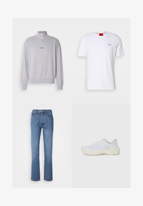 Light gray pullover sweatshirt with a half-zip collar, ribbed cuffs, and hem. Features a blue logo patch on the front. Soft fabric texture.; White cotton t-shirt with short sleeves, a round neckline, and small black "HUGO" logo on the left chest. Features red inner neck label.; Blue denim jeans with a high waist, straight-leg design, and subtle fading. Features classic five-pocket styling and a zip fly closure.; White athletic shoes made of mesh and suede, featuring a textured midsole, textured accents, and "HUGO" logo on the side.