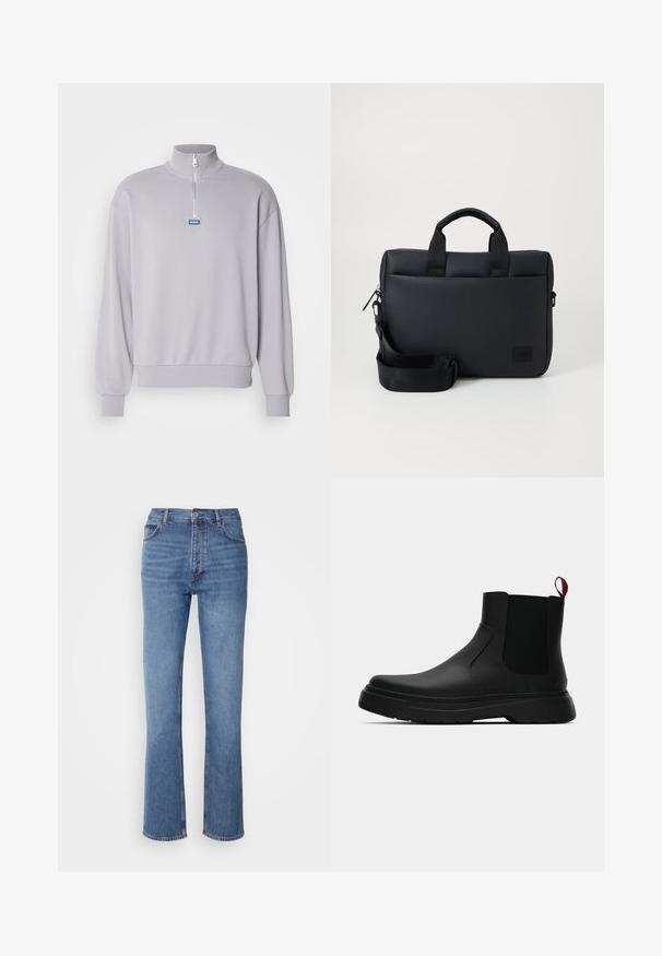 Light gray pullover sweatshirt with a half-zip collar, ribbed cuffs, and hem. Features a blue logo patch on the front. Soft fabric texture.; Blue denim jeans with a high waist, straight-leg design, and subtle fading. Features classic five-pocket styling and a zip fly closure.; Black ankle boot with a smooth finish, elastic side panels, and a contrasting red pull tab, featuring a thick rubber sole and rounded toe.; Black textured laptop bag with dual top handles, detachable strap, zip closure, and a small logo patch for branding.