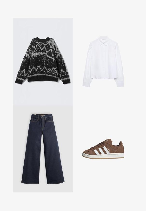 Sort og grå mønstret striktrøje med rund hals og ribbet fald. Har geometriske designs og et blødt, struktureret udseende.; Hvid langærmet skjorte med knapper, spids krave og sammensnørede manchetter, præsenteret på en ensfarvet hvid baggrund.; Bredde ben denim jeans i mørkeblå med kontrastsyninger. Har det traditionelle fem-lomme design og en knaplukning ved taljen.; Brune ruskinds sneakers med hvide læderstriber, gummisål, rund tå og snørebåndsfront. Har et logo på tungen og perforerede detaljer.