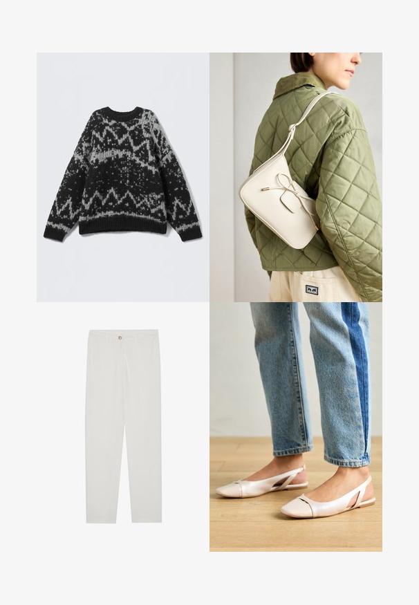 Juoda ir pilka raštuota megztinė su apvaliu kaklu ir banguotu kraštu. Pabrėžia geometrinius raštus ir minkštą, tekstūruotą išvaizdą.; Baltos, pritaikytos kelnės su tiesaus kirpimo dizainu, su sagčių uždarymu, dirželių kilpomis ir šoninėmis kišenėmis; lygus audinio tekstūros.; Šviesiai rožiniai slingback baleto bateliai su smailiu pirštu, pagaminti iš lygios odai panašios medžiagos. Yra išpjovimų detalės šonuose ir plokščias kulnas.; Bežinė odinė per petį nešama rankinė su kaspino detalėmis, auksinėmis detalėmis ir viena reguliuojama petneša, dėvima ant žalios siuvinėtos striukės.