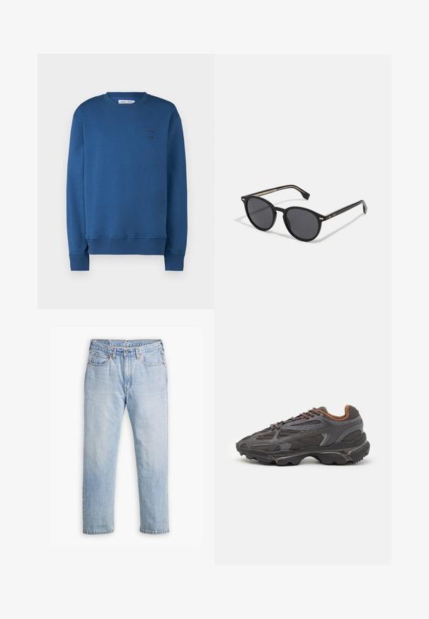 Samsøe Samsøe JOEL CREW NECK - Sportinis megztinis - true navy; Šviesiai mėlynos džinsinės kelnės su tiesiu kirpimu, penkių kišenių stiliumi ir kontrastingomis siūlėmis. Mygtuko ir užtrauktuko uždarymas juosmens srityje.; Lacoste sportbačiai tamsiai pilki, pagaminti iš tinklinės ir sintetinių medžiagų, su tekstūruotu padu ir rudomis detalėmis ant apykaklės bei prekės ženklo.; BOSS Akiniai nuo saulės - black