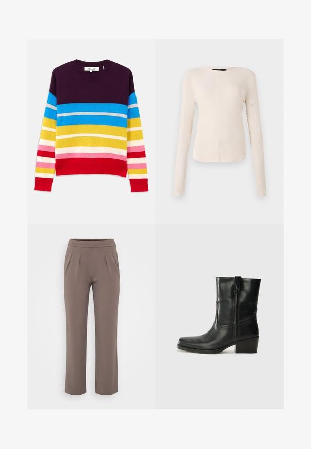 Maglione a maglia con strisce orizzontali in viola, blu, giallo, rosa e rosso. Collo e orlo a costine. Texture morbida, design casual.; Maglietta a maniche lunghe di colore beige chiaro con scollatura rotonda. Realizzata in tessuto morbido, presenta una cucitura centrale e un orlo leggermente curvato. Senza hardware visibile.; Pantaloni taupe a vestibilità ampia con elastico in vita e pieghe frontali, realizzati in tessuto morbido.; Stivale ankle in pelle nera con punta arrotondata, tacco a blocco, cerniera laterale e dettagli in cucitura sulla tomaia. Texture liscia, design classico.