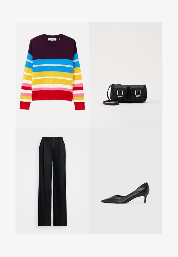 Maglione a maglia con strisce orizzontali in viola, blu, giallo, rosa e rosso. Collo e orlo a costine. Texture morbida, design casual.; Pantaloni neri a gamba larga con finitura liscia, davanti piatto, passanti per cintura e chiusura a un bottone in vita.; Décolleté in pelle nera con punta affusolata e tacco basso. Presenta una texture liscia e una lucentezza sottile. Taglio aperto sulla parte anteriore per un dettaglio aggiuntivo.; Borsa a tracolla nera in pelle con due tasche frontali, fibbie dorate, chiusura con zip e una tracolla sottile. Superficie texturizzata e forma rettangolare compatta.