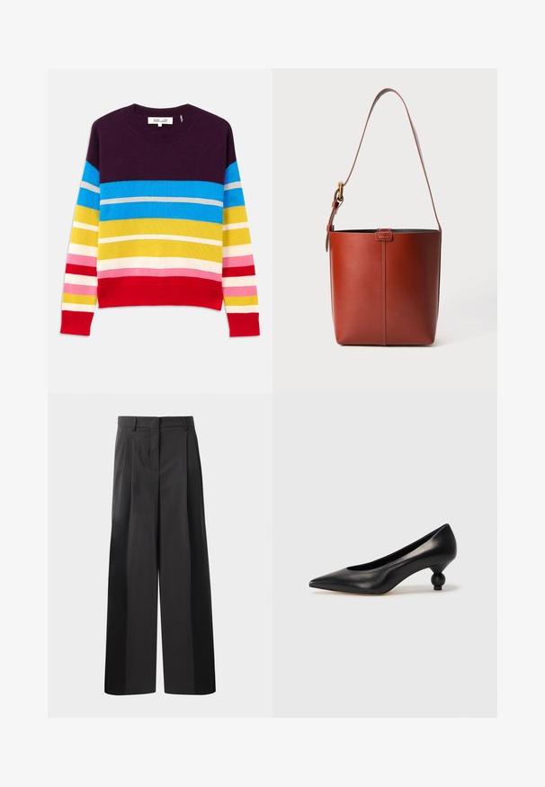 Pull en tricot avec rayures horizontales dans les tons violet, bleu, jaune, rose et rouge. Encolure et ourlet côtelés. Texture douce, design décontracté.; Pantalon large noir avec une taille haute, doté de plis avant, d'une texture lisse et d'une finition ajustée. Conçu pour un ajustement décontracté.; Chaussure à talon haut en cuir noir avec un bout pointu et un talon arrondi. Texture lisse avec un design épuré et minimal.; Sac seau en cuir brun avec bandoulière réglable et boucle en ton doré, détail de couture verticale simple à l'avant.