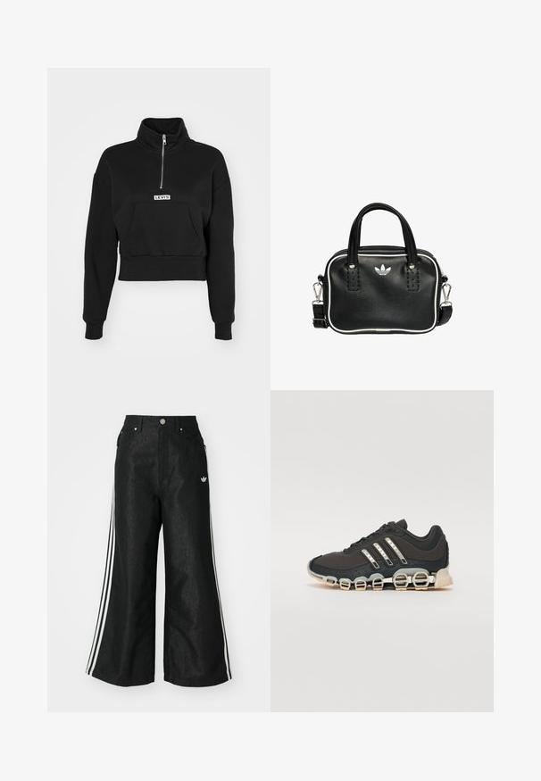 Levi's® LSEGRAPHIC SARA 1/4 ZIP - Sportska majica - black; Crne široke traper hlače s tri bijele pruge sa svake strane i malim bijelim logom. Ima prednje džepove i preklop s gumbom.; Crne atletske tenisice s teksturiranim gornjim dijelom, tri srebrne pruge i posebnim potplatom s višestrukim integriranim sekcijama.; Crna kožna torba s dva kratka ručka, srebrnim detaljima, bijelim naglascima i bijelim logotipom. Ima teksturiranu površinu i kompaktni dizajn.