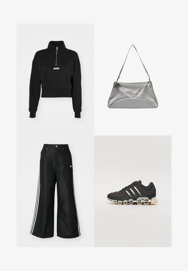 Levi's® LSEGRAPHIC SARA 1/4 ZIP - Ikdienas džemperis - black; Melni platās kājas džinsi ar trim baltām svītrām katrā pusē un mazu baltu logotipu. Iezīmē priekšējos kabatas un pogu aizdari.; Melna sporta apavi ar teksturētu augšdaļu, trim sudraba svītrām un atšķirīgu amortizācijas zoli, kas sastāv no vairākiem integrētiem sekvencēm.; Sudrabaini metāla rokassoma ar elegantu, strukturētu dizainu, kas īpaši izceļas ar teksturētu virsmu, plecu siksnu un izreljefu logo akcentu.