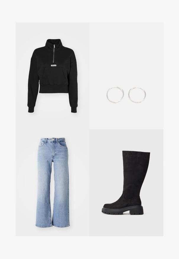 Levi's® LSEGRAPHIC SARA 1/4 ZIP - Felpa - black; Jeans azzurri chiari a vita alta e gamba larga, con tasche anteriori e posteriori, chiusura con bottone e leggera scoloritura sulle cosce e sui orli.; Stivale nero fino al ginocchio in morbido camoscio con suola spessa in gomma nera e punta leggermente arrotondata. Presenta un design senza cuciture e una texture liscia.; Orecchini a cerchio in argento con un design rotondo e elegante, caratterizzati da una superficie liscia e senza decorazioni visibili. Diametro non specificato.