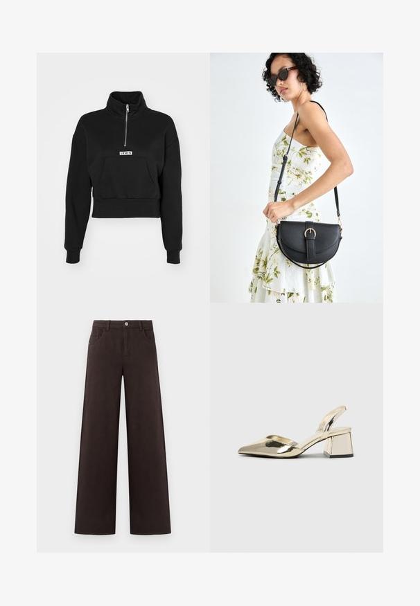 Levi's® LSEGRAPHIC SARA 1/4 ZIP - Sportinis megztinis - black; Plati kojos kelnės, pagamintos iš tamsiai rudo medvilninio audinio. Su mygtukų uždarymu ir priekinių kišenių detalėmis, turinčios lygų paviršių ir švarias linijas.; Auksiniai, metaliniai slingback aukštakulniai bateliai su smailiu pirštu ir masyviu kulnu. Lygus paviršius, minimalizmo dizainas ir siaura juostelė.; Juodas odinis krepšys su išlenkta forma, nuimamu dirželiu ir auksiniais detalėmis. Krepšys turi kilpą su sagtimi.; Auksiniai kabančių auskarai, keturios dalys, lygi apdaila, suapvalinta forma, įvairių dydžių, su pasukamu užsegimu, kad būtų lengva dėvėti.