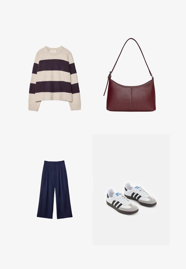 Cremfarbener und dunkelvioletter gestreifter Pullover mit Rundhalsausschnitt, geripptem Saum und weicher Textur, der breite horizontale Streifen in unterschiedlichen Breiten aufweist.; Marineblaue weite Hosen mit Falten, Knopfverschluss und Gürtelschlaufen, flach auf einem weißen Hintergrund präsentiert.; Sportschuhe mit einem Obermaterial aus weißem Leder, grauer Wildleder-Zehenkappe und drei schwarzen Streifen. Sie verfügen über ein blaues Logo auf der Zunge und eine strukturierte Gummisohle.; Bordeauxfarbene Ledertasche mit geschwungener Form, einem einzigen Schulterriemen und gesteppten Details in der Mitte. Glatte Textur, minimales Zubehör.