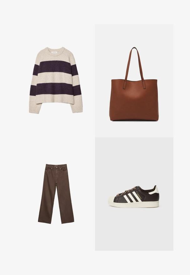 Svetar s prugama u krem i tamnopurpurnoj boji, s okruglim izrezom, rebrastim rubom i mekim materijalom, sadrži široke horizontalne pruge različitih širina.; Proširene smeđe traperice od denima, s visokim strukom, prednjim džepovima i klasičnom kopčom na dugme. Glatka tekstura s suptilnim šavovima.; Niska Adidas Superstar tenisica od tamnobraon kože s krem školjkastim vrhom, bijelim prugama i natpisom "Superstar" sa strane.; Smeđa kožna torba preko ramena s glatkom teksturom, otvorenim vrhom i dvjema naramenicama. Ima minimalne šavove i nema vidljivog hardvera.