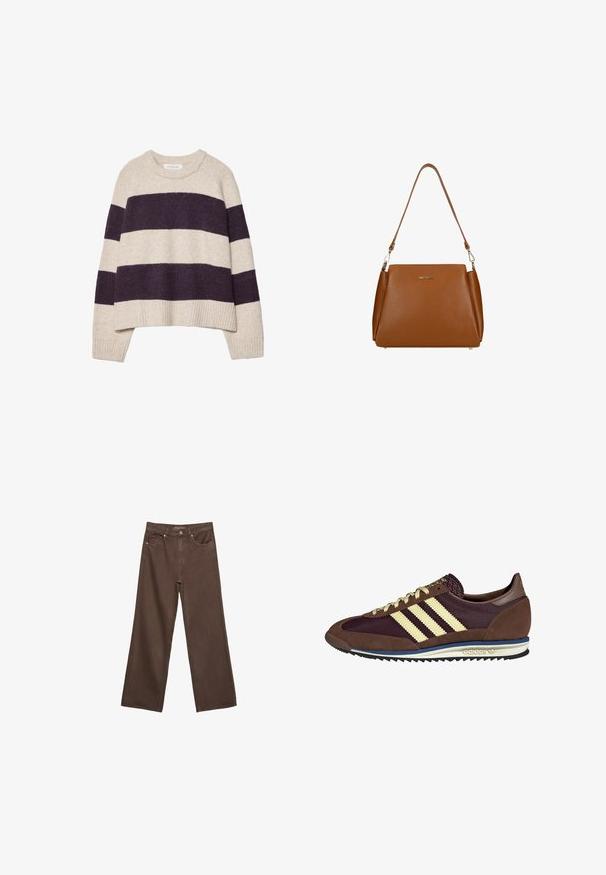 Cremfarbener und dunkelvioletter gestreifter Pullover mit Rundhalsausschnitt, geripptem Saum und weicher Textur, der breite horizontale Streifen in unterschiedlichen Breiten aufweist.; Weite braune Jeans aus Denim, mit hoher Taille, Fronttaschen und klassischem Knopfverschluss. Glatte Textur mit feinen Nähten.; Braune und burgunderfarbene Sneaker aus Wildleder und Mesh-Materialien, mit drei cremefarbenen Streifen, strukturiertem Stoff an der Zunge und einer Gummisohle.; Braune Ledertasche mit strukturierter Oberfläche, einem einzelnen Schulterriemen und einem dezenten Logo auf der Vorderseite. Verfügt über ein strukturiertes Design.