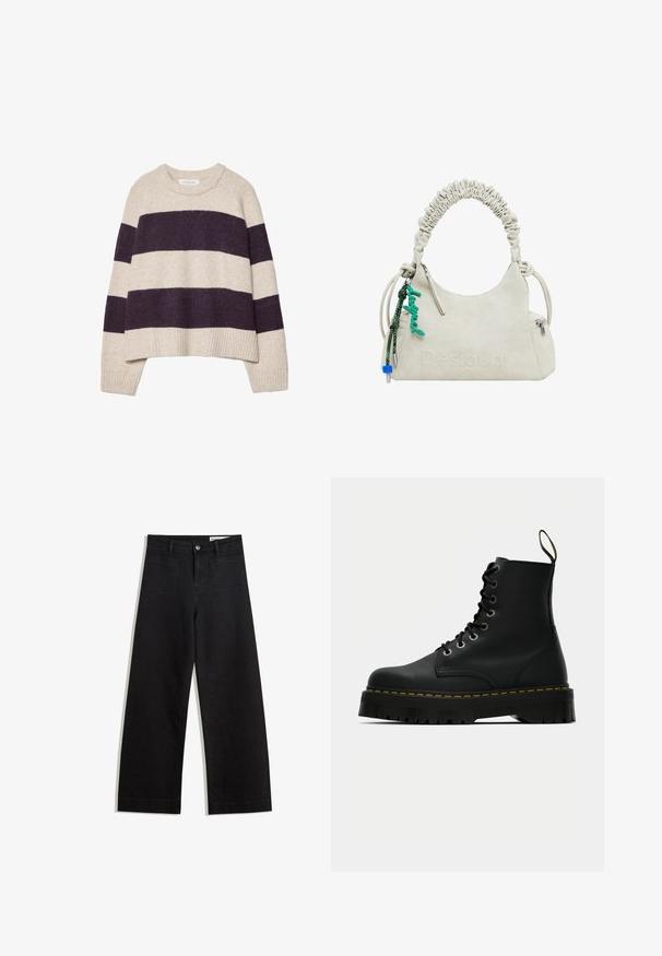 Cremfarbener und dunkelvioletter gestreifter Pullover mit Rundhalsausschnitt, geripptem Saum und weicher Textur, der breite horizontale Streifen in unterschiedlichen Breiten aufweist.; Schwarze weit geschnittene Jeans mit hoher Taille, ausgestattet mit Vorder- und Hintertaschen, gesteppten Nähten und einem Knopfverschluss. Glatte Textur.; Schwarze Leder-Schnürstiefeletten mit einer dicken, strukturierten Gummisohle und gelben Steppnähten um die Plattform.; Off-white Handtasche aus Kunstleder mit gerafftem Griff, Reißverschlusstasche und grünem Anhänger. Glatte Textur, dezentes geprägtes Logo und elegantes Design.
