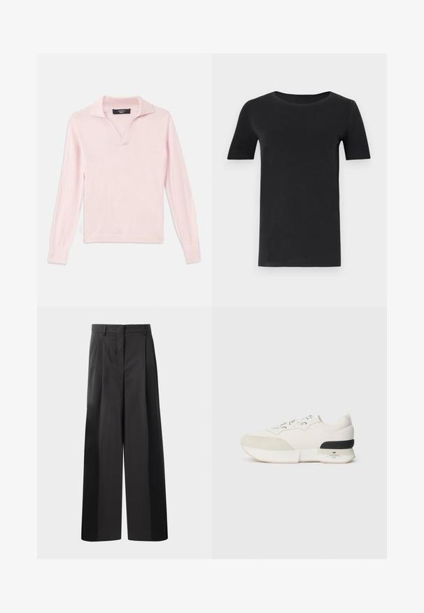 Svijetlo ružičasti pulover dugih rukava s polo ovratnikom, V-izrezom, te rebrastim manžetama i rubom. Glatka tekstura, izrađen od mekanog materijala.; Crna majica kratkih rukava od mekanog pamuka, s okruglim izrezom i klasičnim krojem. Glatka tekstura, bez uzoraka ili ukrasa.; Crne široke hlače s visokim strukom, s prednjim nabranim detaljima, glatkom teksturom i krojenim završetkom. Dizajnirane za opušteni kroj.; Bijela tenisica s teksturiranim nubuk prednjim dijelom, glatkim mrežastim gornjim dijelom, dekorativnim vezicama i crnim gumiranim akcentom na peti.