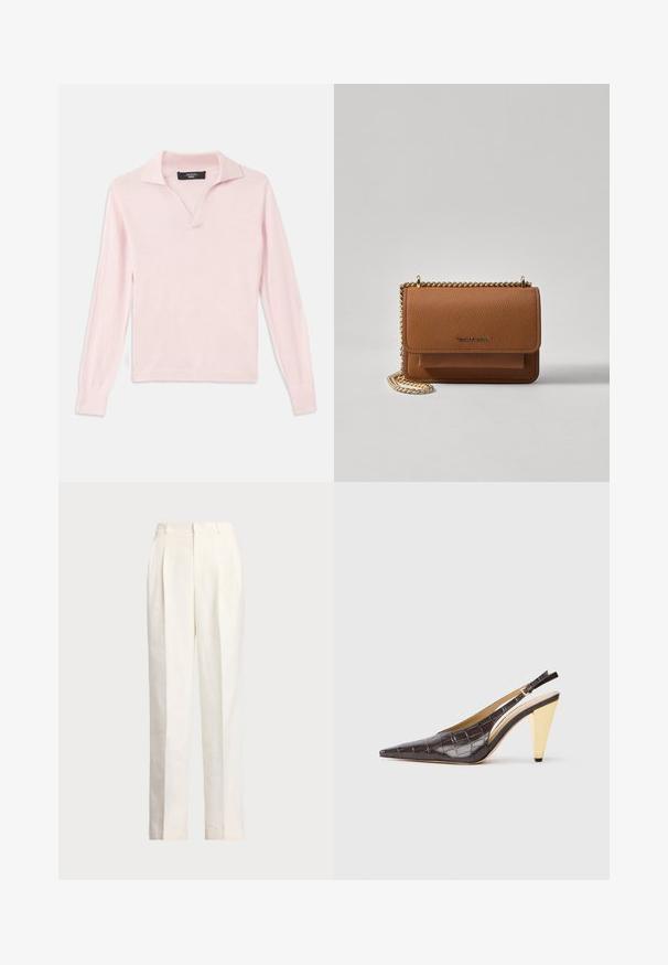 Lichtroze langmouw pullover trui met een polo kraag, V-hals en geribbelde manchetten en zoom. Soepele textuur, gemaakt van zacht materiaal.; Polo Ralph Lauren HEMP WIDE LEG PANT - Broek - nevis; Puntige slingback hak in donkerbruin glanzend faux krokodillenleer. Kenmerkt zich door een goudkleurige geometrische hak en een verstelbare enkelband.; Bruine lederen schoudertas met textuur, voorzien van een gouden kettingstrap en klepsluiting. De voorkant heeft een logo-detail en een zak onder de klep.