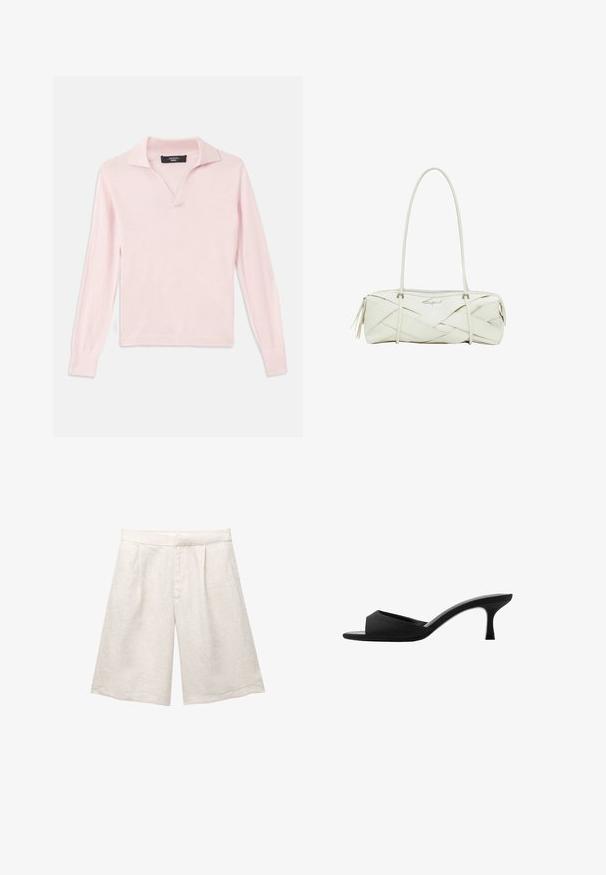 Jasnoróżowy sweter z długim rękawem, z kołnierzykiem polo, dekoltem w kształcie litery V oraz prążkowanymi mankietami i dołem. Gładka faktura, wykonany z miękkiego materiału.; Beżowe lniane szorty o szerokich nogawkach, z plisami z przodu i gładkim pasem. Materiał ma lekko teksturowane wykończenie.; Czarne klapki na wysokim obcasie z szerokim, otwartym noskiem i zakrzywioną cholewką. Wykonane z teksturowanej tkaniny, z wąskim obcasem i gładką podeszwą.; Biała skórzana torebka o plecionym wzorze, z długim paskiem na ramię, zamkiem błyskawicznym i dekoracyjnym logo. Posiada frędzle na końcach.